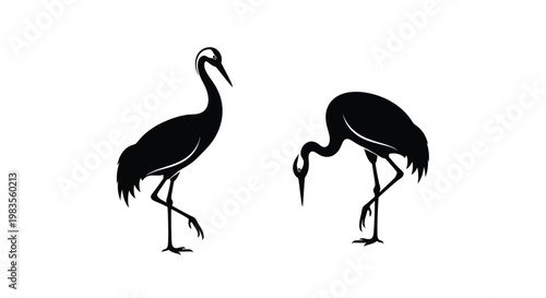 Two elegant cranes depicted in a minimalist black and white style
