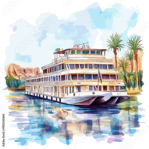 Nile River Cruises. Nile River Cruises hand drawn watercolor illustration on white background