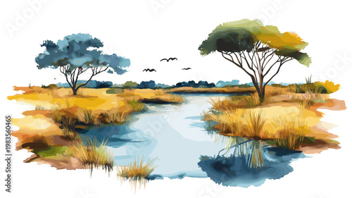 Okavango Delta. Okavango Delta hand drawn watercolor illustration on white background
