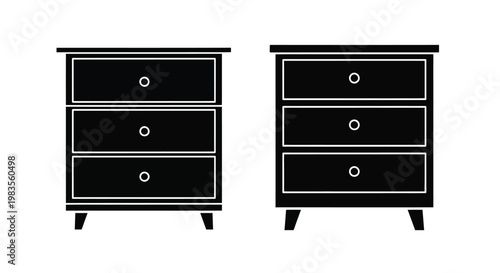 Two black silhouettes of bedside tables with drawers are presented