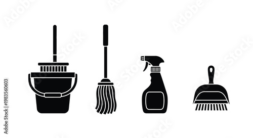 Cleaning tools including a mop broom spray bottle and dustpan