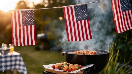 Celebration With Grilling and Flags in a Backyard in the Evening Light