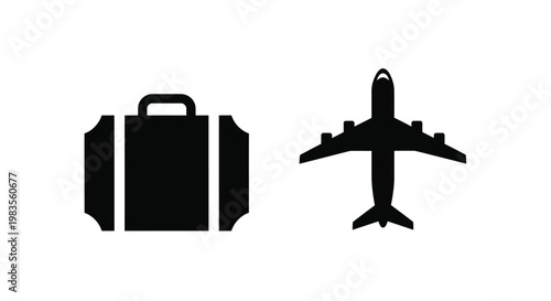 Simple black icons representing travel a suitcase and an airplane