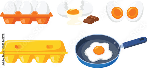 Eggs cooking set carton fried boiled cracked vector illustration breakfast food collection kitchen ingredient design elements