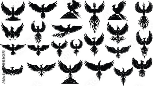 Set of Phoenix Bird Illustrations with Fiery Wings and Flames for Mythology, Fantasy, and Rebirth Design Themes