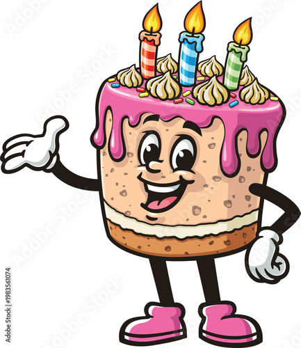 Birthday cake mascot cartoon with welcoming pose