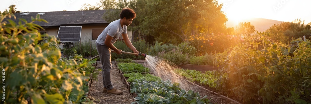 Obraz premium Man watering vegetable garden along rows at sunset on small farm