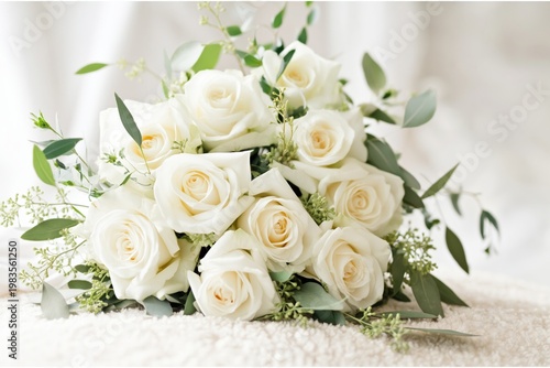 Beautiful White Rose Bouquet on a White Surface in a Bright Indoor Setting