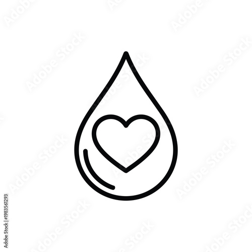 Community volunteering blood donation icon heart in drop symbol for charity support and social care black and white vector illustration for community and volunteering projects
