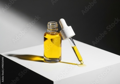 Glass dropper bottle with yellow essential oil isolated on white background