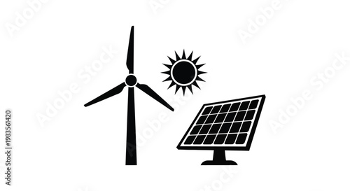Icons representing renewable energy sources wind solar and photovoltaics