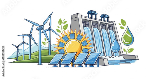 Renewable energy concept illustration with wind turbines, solar panels, and hydroelectric dam.