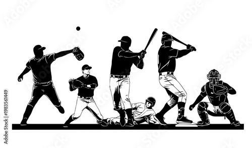 Baseball players group silhouette dynamic team sport vector illustration isolated on white background