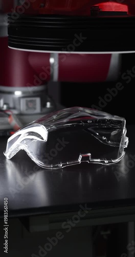 Clear plastic visor placed under inspection lamp on industrial workstation. Quality control stage in manufacturing process with precise lighting and modern equipment. Vertical video.