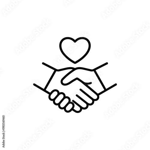 Community and volunteering handshake icon with heart black and white vector symbol for charity support and community and volunteering projects