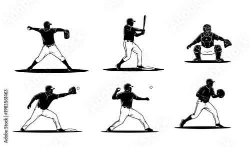 Baseball player silhouettes set pitcher batter catcher field positions vector illustration isolated on white background