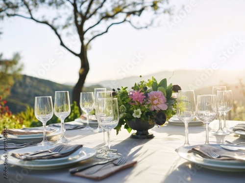Elegant Outdoor Dining Setting With Flowers and Glasses During Sunset
