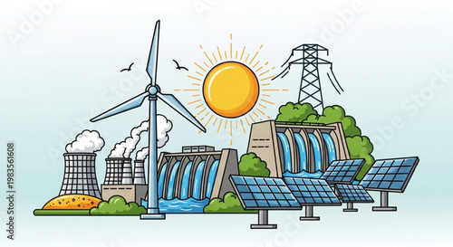 An illustration depicting a diverse energy mix, showcasing both renewable sources (solar panels, wind turbine, hydroelectric dams) and traditional power plants (nuclear and fossil fuel cooling towers.