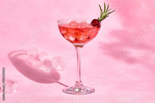 Refreshing Cocktail Served in a Glass on a Pink Background With Ice and Garnish