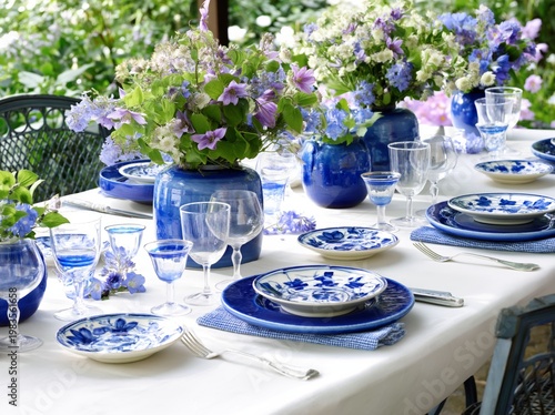 Table Set With Blue Plates and Floral Centerpieces in a Garden During Daytime
