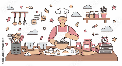 Chef in apron mixing dough ingredients.