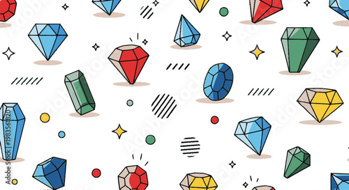 Colorful gems and sparkling jewels scattered.