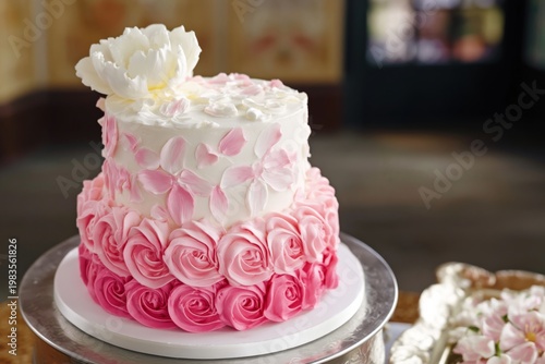 Cake Decorated With Pink Roses and Flowers at a Celebration in a Bright Room