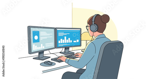 Businesswoman wearing headset, working on computer, data analysis, office workflow