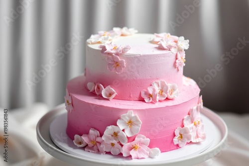 Two-tiered Cake With Pink Frosting and Floral Decorations at a Celebration in...