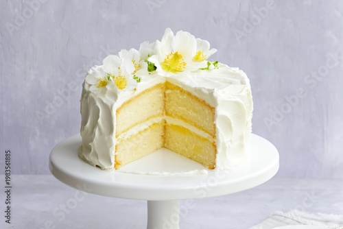 White Cake With Flowers and Layers on Cake Stand in Simple Setting