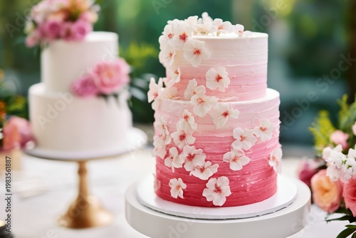 Cake Decorated With Pink Roses and Flowers at a Celebration in a Bright Room
