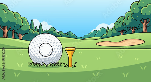 Cartoon golf ball on tee at sunny course with sand trap and trees wide view