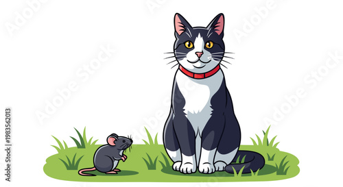 Cartoon cat and mouse on grass patch logo illustration forward view
