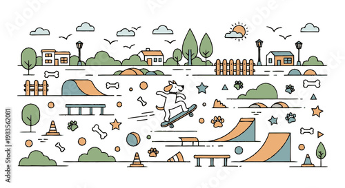 Dog on skateboard in air tricks.