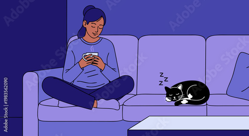 Woman and cat relaxing together on purple couch in cozy living room with steam rising