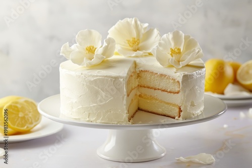 Cake With Flowers on Top is Cut and Placed on a White Stand With Decorations ...