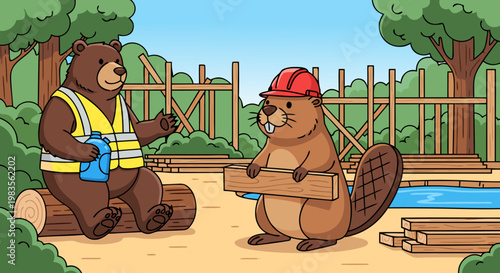 Cartoon bear and beaver wearing safety gear collaborate on woodland construction site