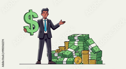 Cartoon businessman presenting wealth, standing beside stacked money and dollar sign