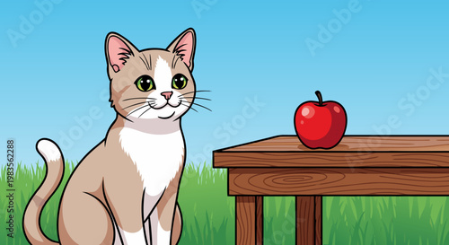 Light-brown cartoon cat with white markings sitting beside table with red apple under blue sky