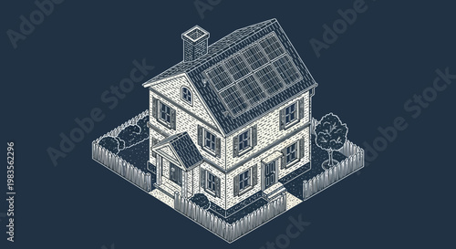 Isometric house with solar panels on roof.