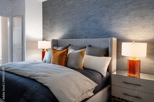 Modern Bedroom With a Bed and Lamps in a Well-Lit Space