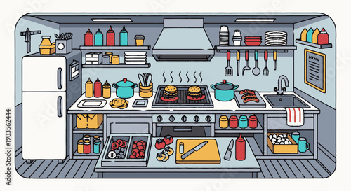 Kitchen with cooking utensils and appliances.