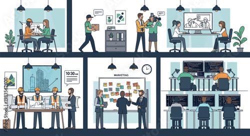 Office, coworking spaces, business people, teamwork, collaboration, modern workplace, vector illustrations