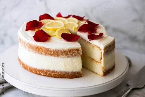 Fresh Lemon Cake With Cream Frosting and Rose Petals on a Display Plate in a ...