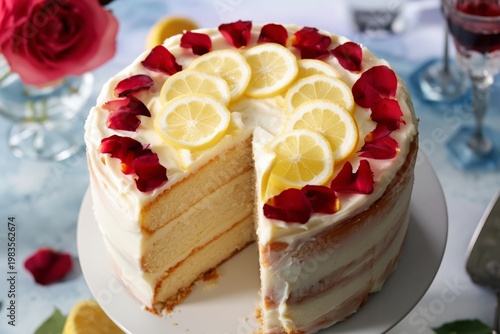 Beautiful Cake With Lemon Slices and Rose Petals on a Plate for a Dessert or ...