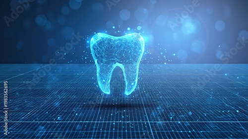 Digital Holographic Tooth Model on Blue Technology Grid Background