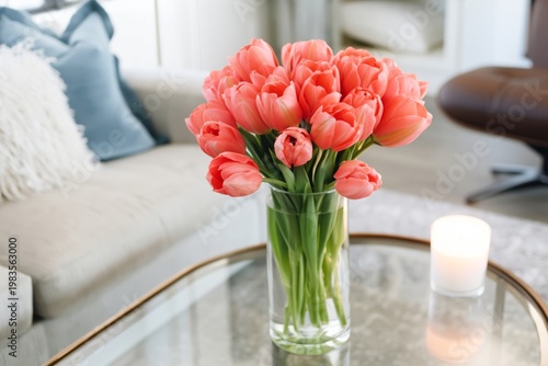 Fresh Pink Tulips in a Clear Vase on a Table in a Living Room With a Cozy Cou...