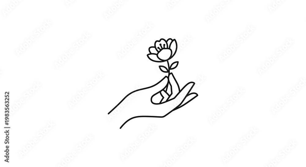 Fototapeta premium A delicate hand gently holds a blooming flower line art silhouette