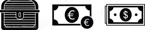 Black and white icons representing wealth currency and financial security
