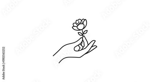 A delicate hand gently holds a blooming flower line art silhouette
